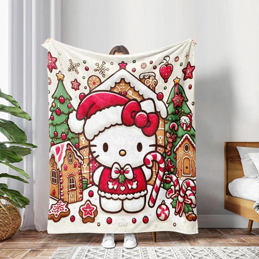 Hello Kitty Gingerbread House Pattern Blanket, Soft Cozy Throw Blanket, Air-Conditioned Room Blanket, Warm Nap Blanket for Home Office Travel Camping