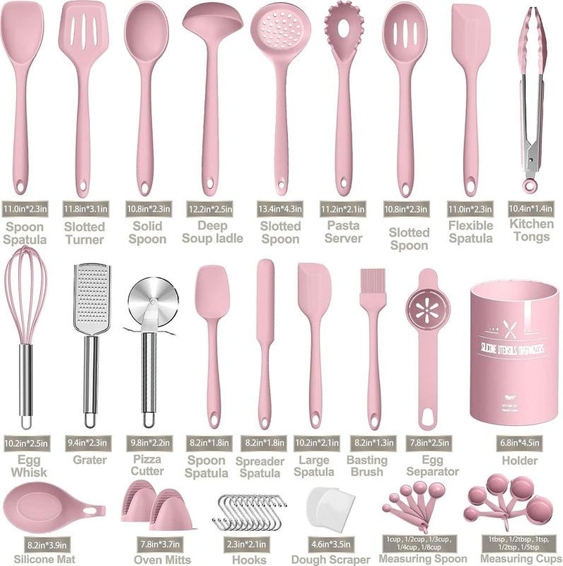 [Limited Time Deal] 43 Pcs Pink Silicone Cooking Kitchen Utensil Set, Cooking Utensils Set, Turner, Tongs, Spoon, Spatula, Kitchen Gadgets Tools Set for Nonstick Cookware, Heat Resistant (Dishwasher, BPA Free)