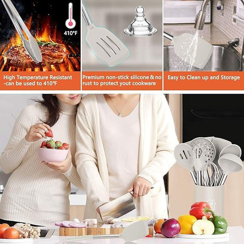 Silicone Cooking Utensil Set,Kitchen Utensils 26 Pcs Cooking Utensils Set,Non-Stick Heat Resistant Silicone,Cookware with Stainless Steel Handle