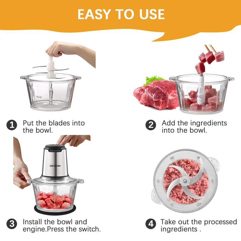 Food Processor, Meat Grinder with Two Bowl 8 Cup, Electric Food Chopper with 4 Large Sharp Blades for Meat, Fruits, Vegetables, Baby Food, Nuts