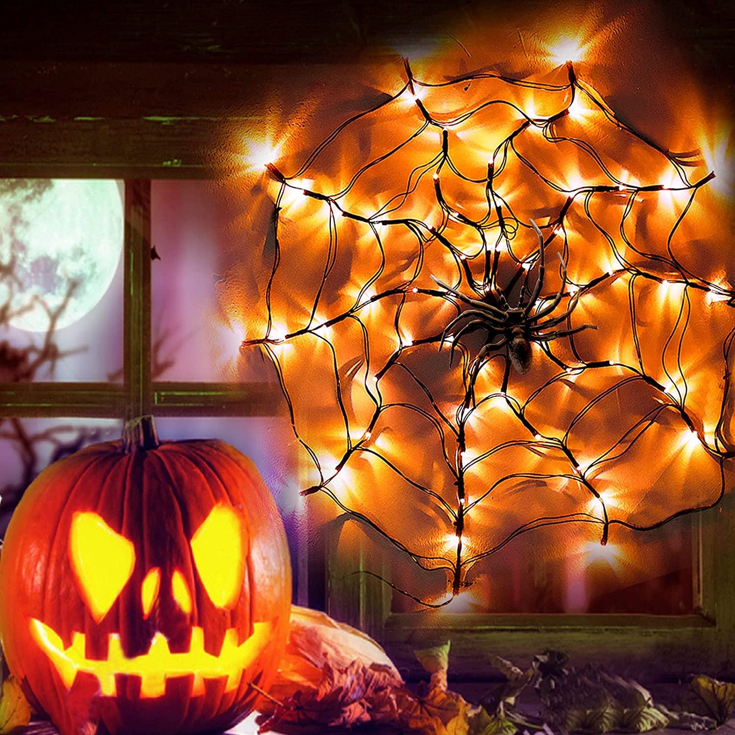 Orange Lights Spider Web with Spider, Halloween Decorations 