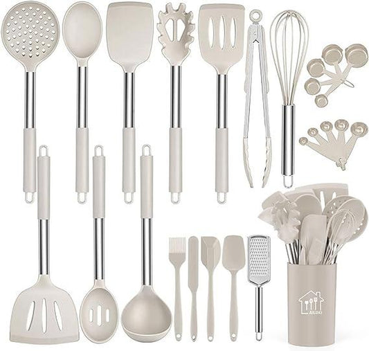 Silicone Cooking Utensil Set,Kitchen Utensils 26 Pcs Cooking Utensils Set,Non-Stick Heat Resistant Silicone,Cookware with Stainless Steel Handle