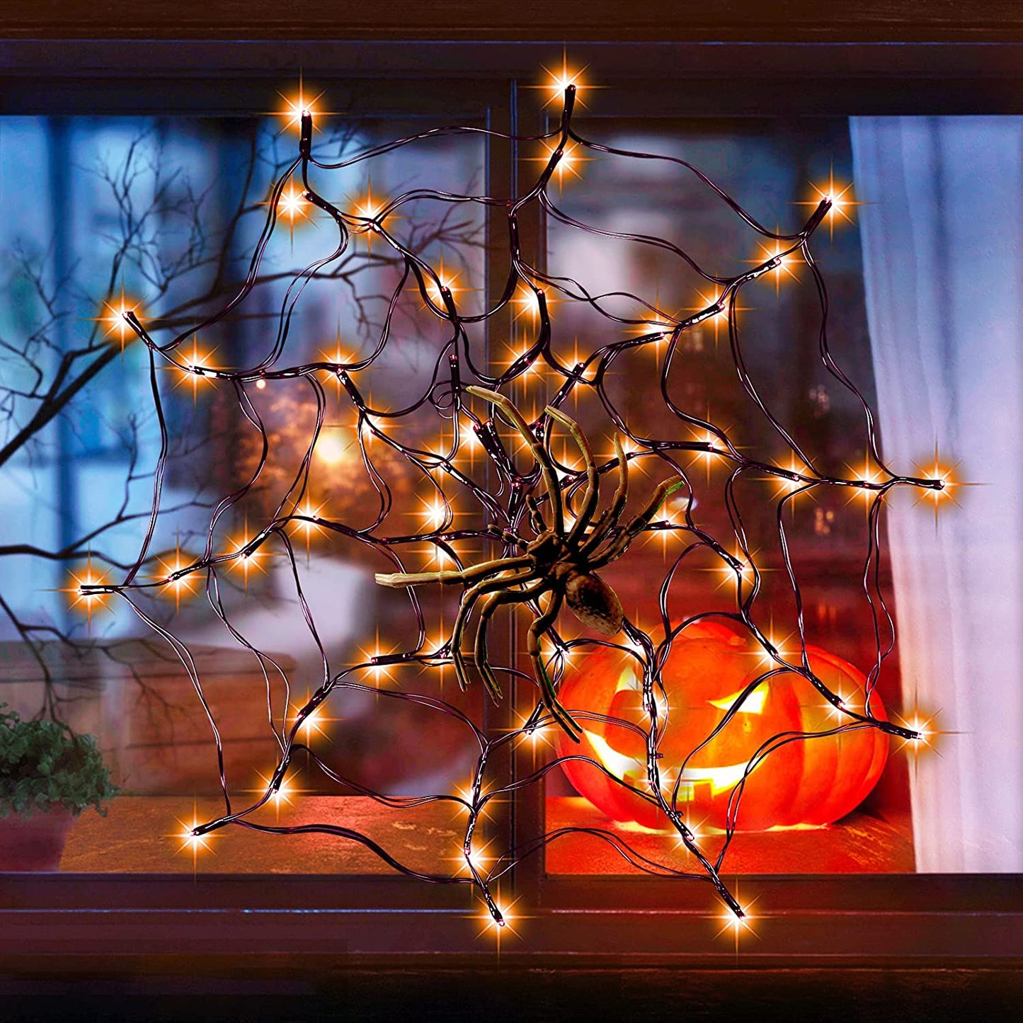 Orange Lights Spider Web with Spider, Halloween Decorations 