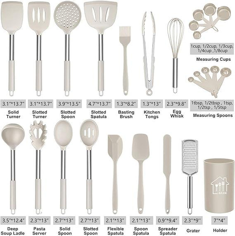 Silicone Cooking Utensil Set,Kitchen Utensils 26 Pcs Cooking Utensils Set,Non-Stick Heat Resistant Silicone,Cookware with Stainless Steel Handle