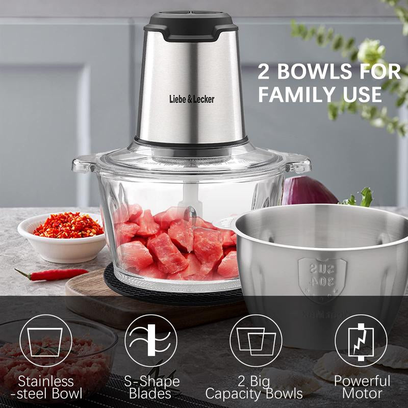 Food Processor, Meat Grinder with Two Bowl 8 Cup, Electric Food Chopper with 4 Large Sharp Blades for Meat, Fruits, Vegetables, Baby Food, Nuts