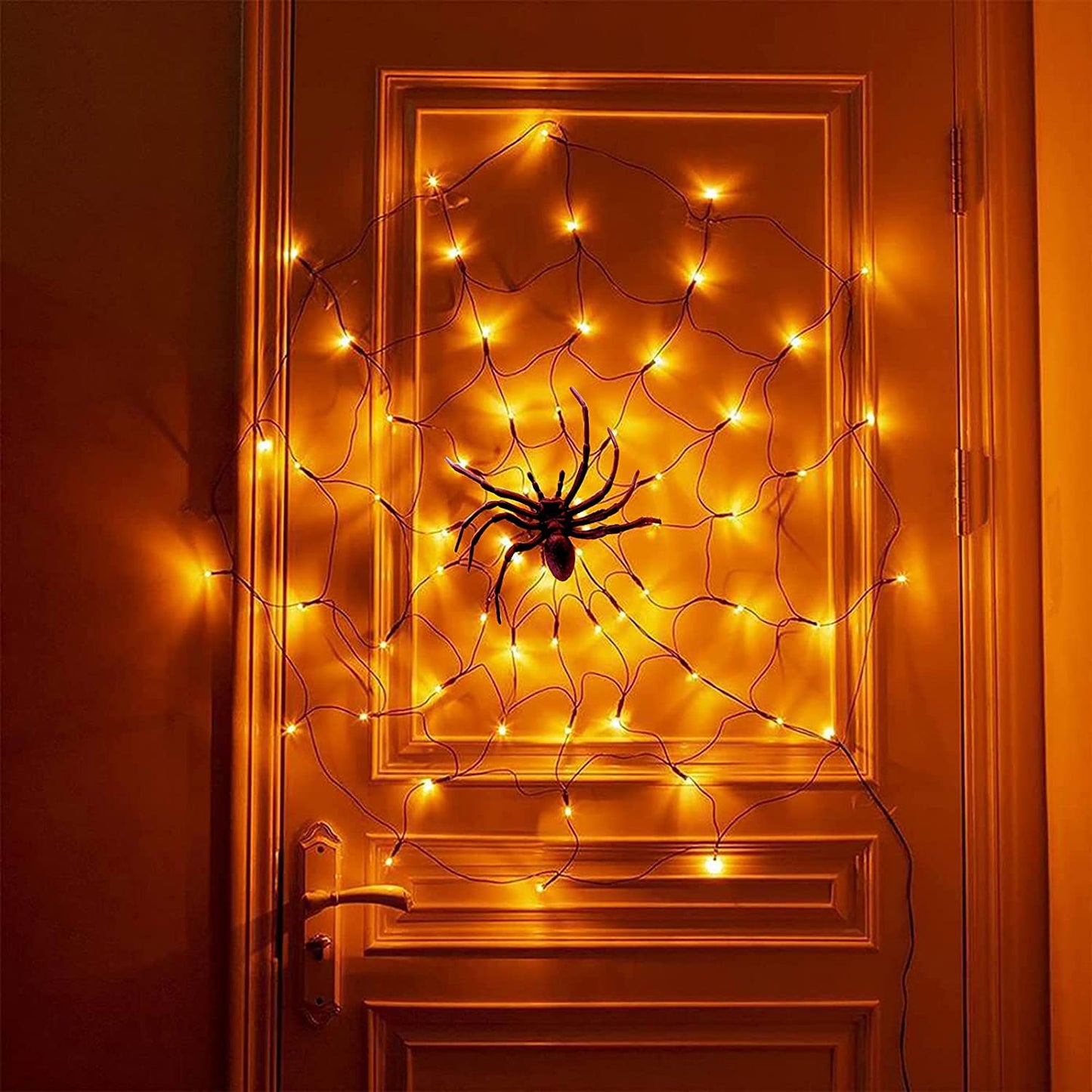 Orange Lights Spider Web with Spider, Halloween Decorations 