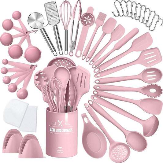 [Limited Time Deal] 43 Pcs Pink Silicone Cooking Kitchen Utensil Set, Cooking Utensils Set, Turner, Tongs, Spoon, Spatula, Kitchen Gadgets Tools Set for Nonstick Cookware, Heat Resistant (Dishwasher, BPA Free)