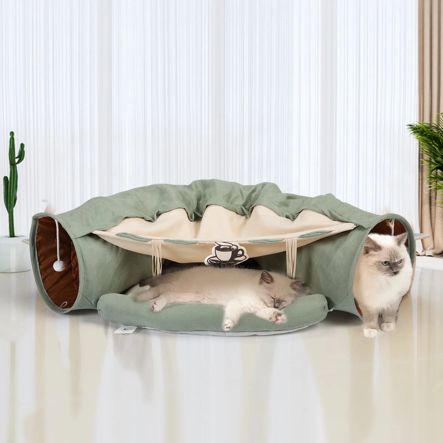 2-In-1 Cat Tunnel Tube Cat Tunnel Bed W/ Washable Bed Collapsible Kitty Toy, Green